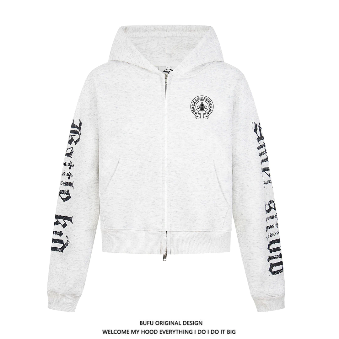 亿万少年BUFU美式复古哥特风短款连帽卫衣女秋季宽松拉链外套辣妹
