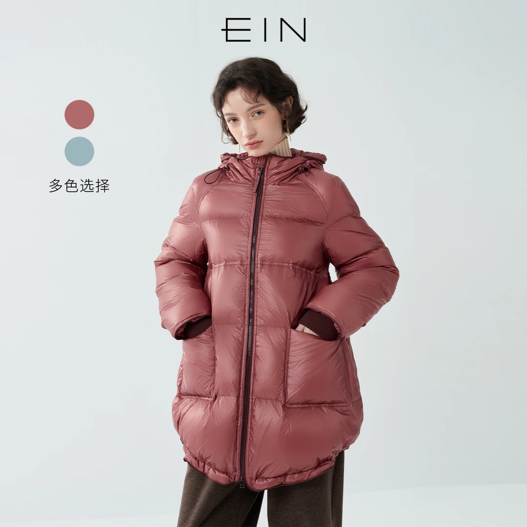 EIN/言云柔亮面轻暖90鸭绒连帽休闲中长羽绒服女2025秋冬新款