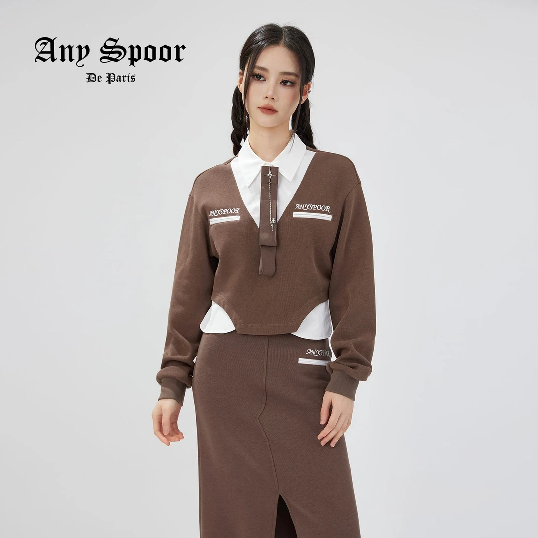 【ANY SPOOR】时尚休闲百搭拼接针织秋冬套头长袖上衣83C132