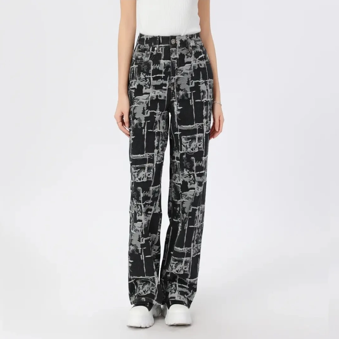 GIRDEAR/哥弟新款时尚潮流设计高腰直筒印花复古牛仔裤女 1100545