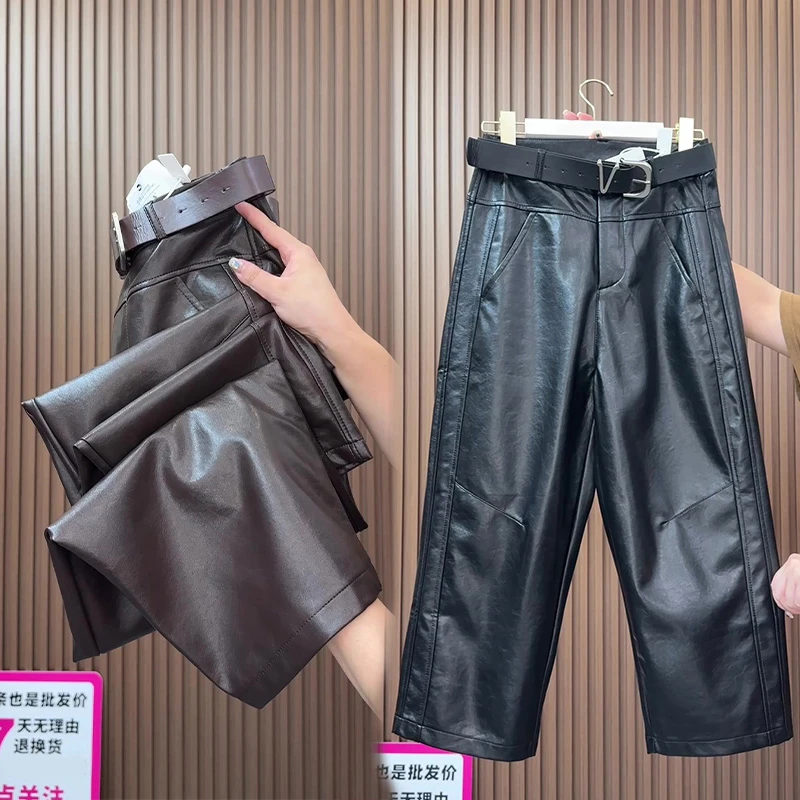 欧货秋季新款休闲九分裤女宽松显瘦时尚皮裤百搭松紧腰高腰直筒裤