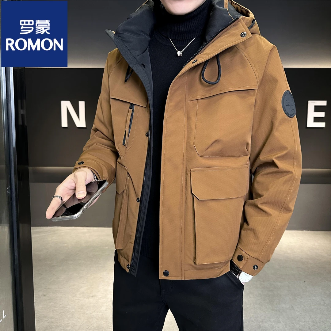 Romon/罗蒙冬季男士潮流工装连帽大口袋时尚白鸭绒派克服羽绒服