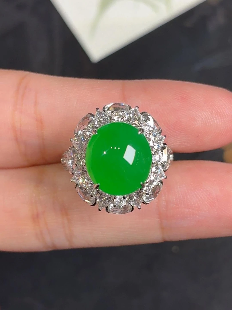 [时玉｜翡翠蛋面]天然A货缅甸翡翠18k金镶嵌戒指