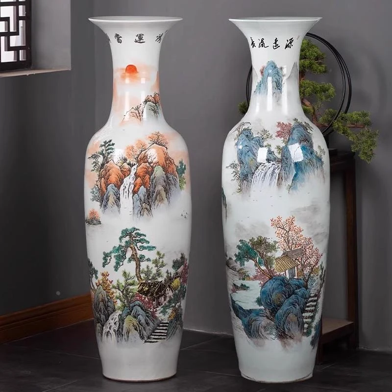 陶瓷器落地大花瓶手绘粉彩山水开业瓷瓶中式客厅装饰品摆件