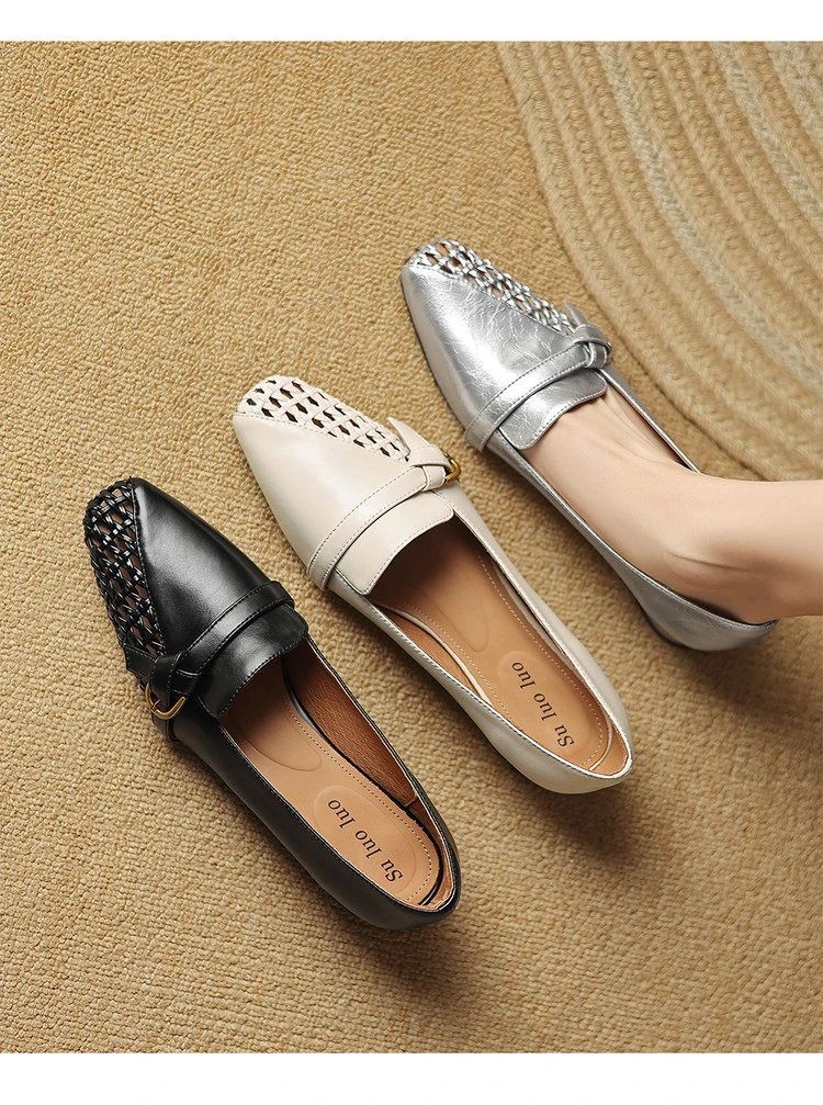 LILI手工女鞋|34-40|3cm|镂空编织方头粗跟真皮一字带单鞋