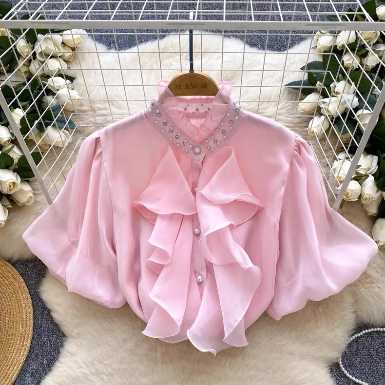 【春歌】法式洋气宫廷复古百搭镶钻钉珠立领泡泡袖衬衫减龄流光上衣