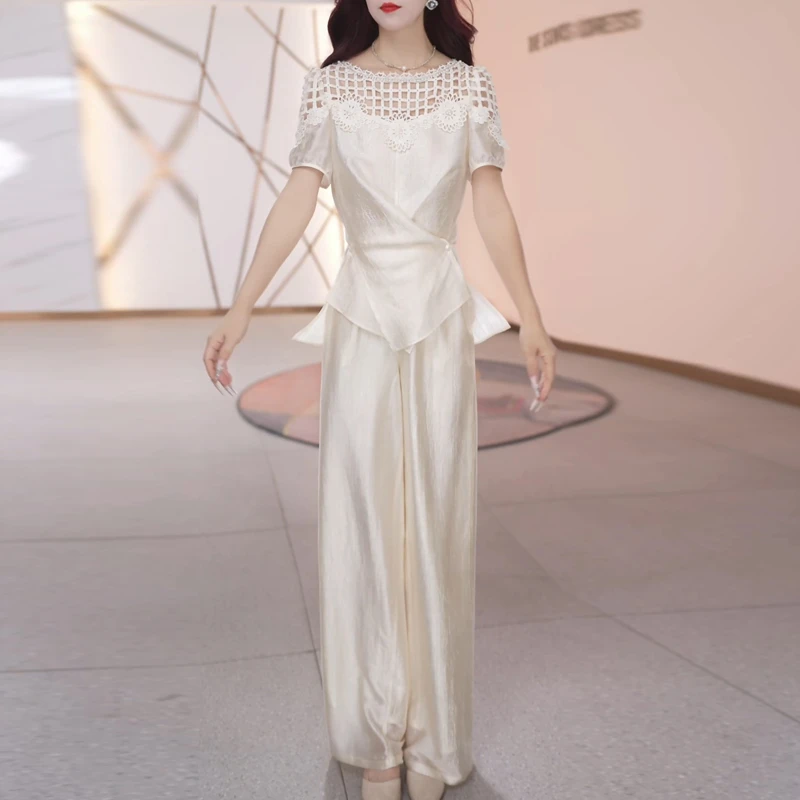 时尚减龄套装女2025新款夏季拼接镂空防晒衬衫直筒休闲裤子两件套