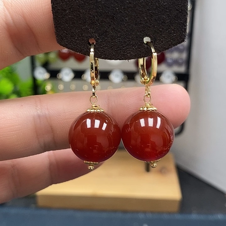 银S925镀金镶嵌南红玛瑙耳饰尺寸16mm