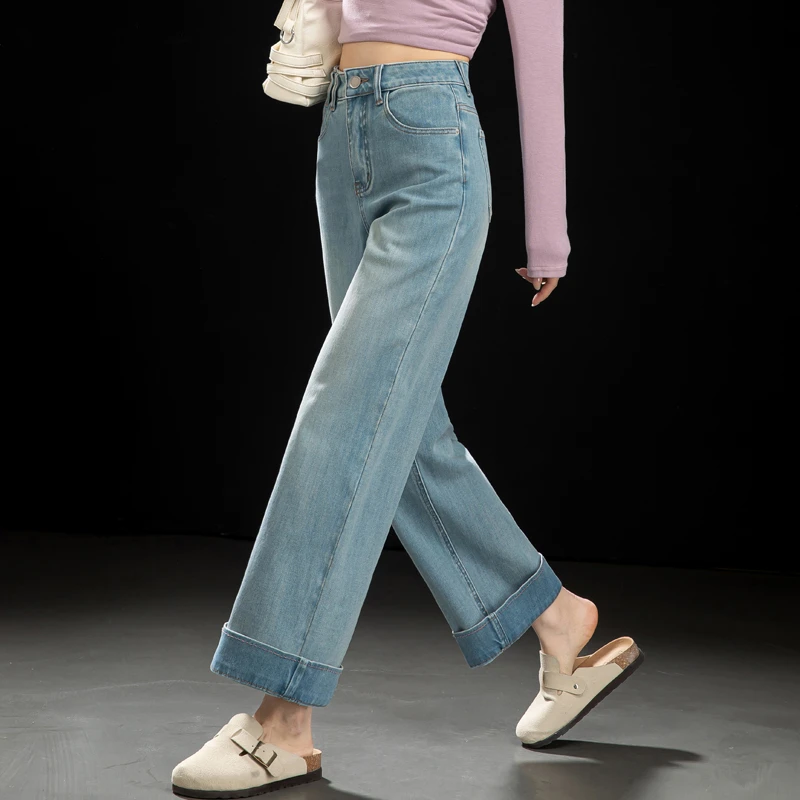 万向弹零束缚感窄版直筒裤女2025新款卷边牛仔裤宽松阔腿裤烟管裤