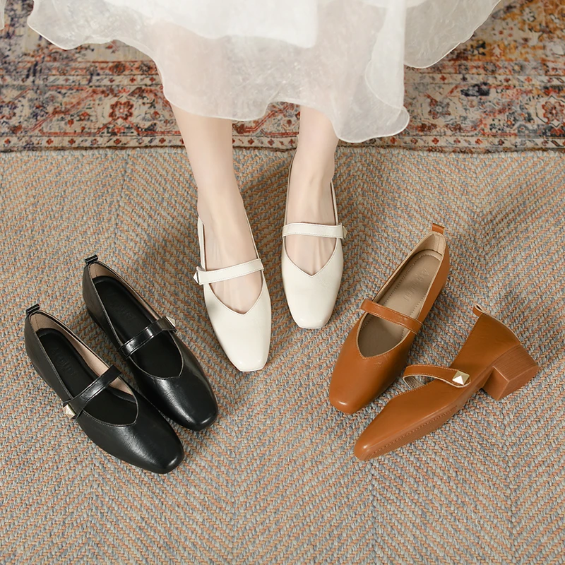 真皮方头粗跟浅口单鞋v口软皮软底百搭中跟奶奶鞋法式玛丽珍女鞋