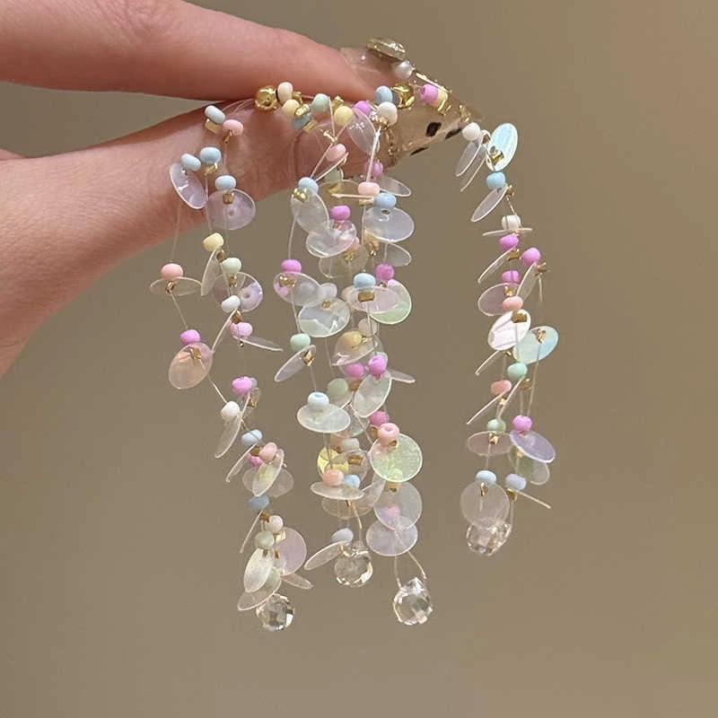 铜合金耳饰 早春氛围感彩色圆片串珠流苏耳环女耳钉甜美少女耳饰