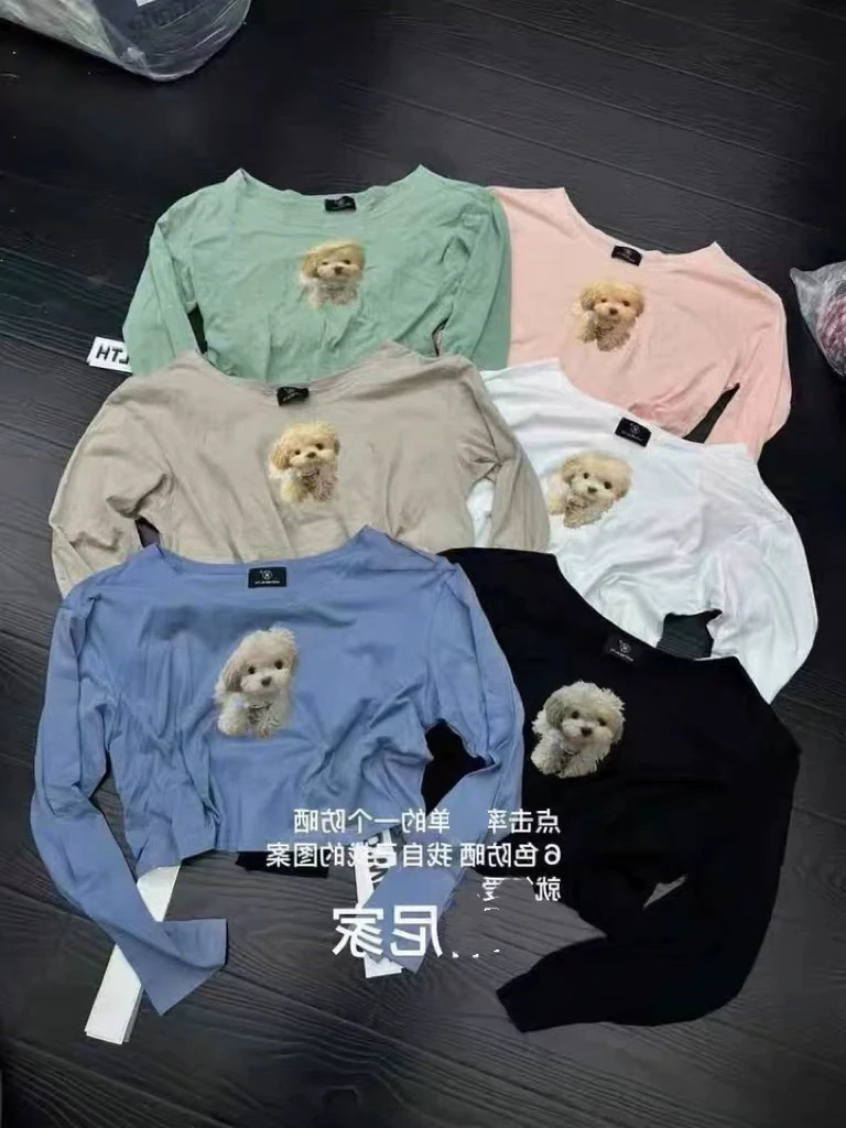 新品 韩系印花狗狗可斜肩显瘦上衣