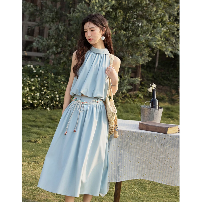 谜秀天丝棉蓝色挂脖套装短款上衣半裙两件套 送波西米亚腰带显瘦