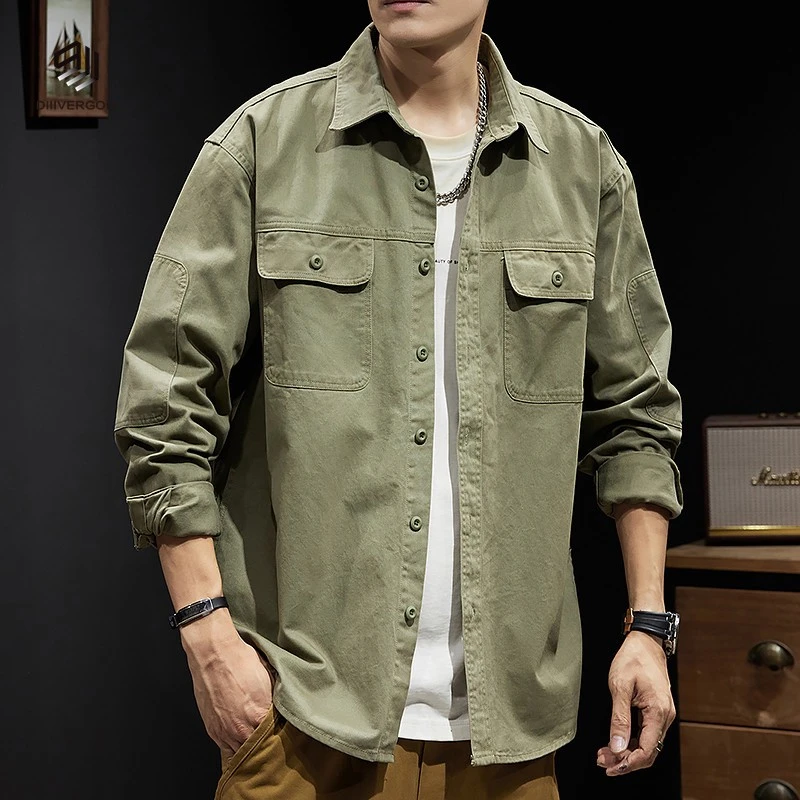 DIIIVERGOM衬衫男士长袖衫初秋重磅工装外套新款猎装痞春秋季绿色