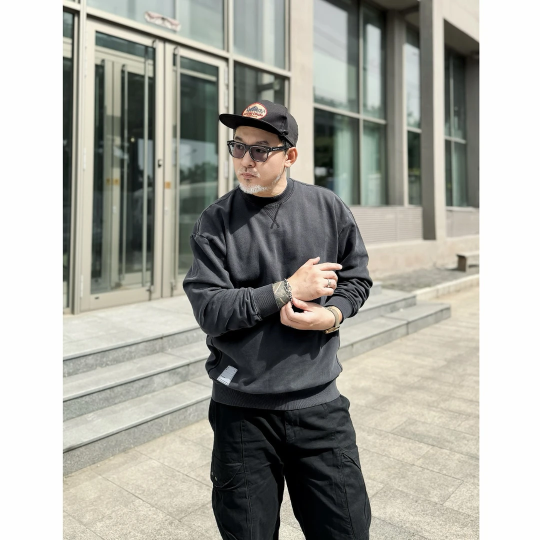 情侣款阿美咔叽复古水洗做旧纯棉秋冬纯色圆领卫衣133