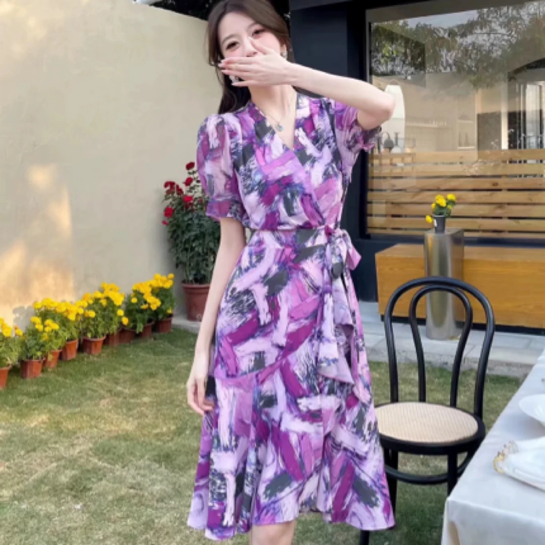 曼雪菲V领丝带连衣裙