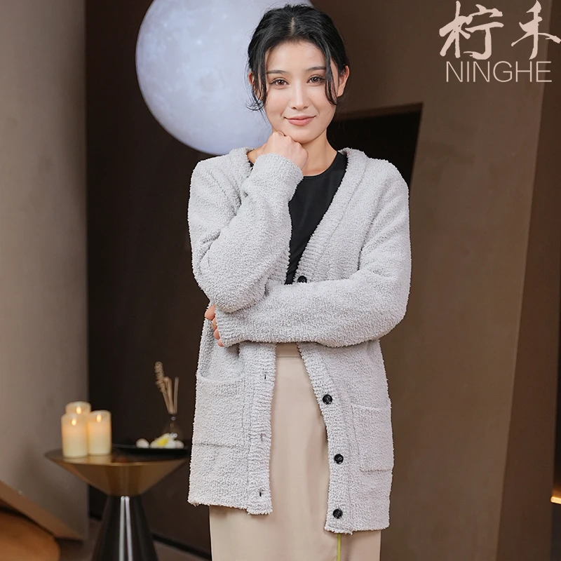 美容师工作服罗纹V领法式慵懒风开衫外穿宽松中长款工作制服加厚