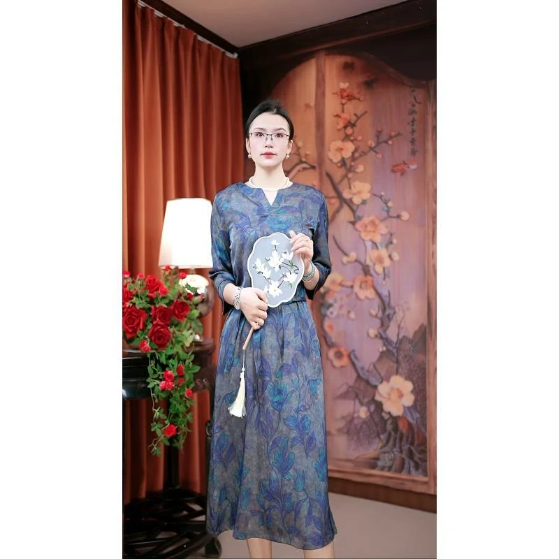 （七彩）-时尚连衣裙裙套头长裙秋季V领夏季连衣裙中国风旗袍显瘦