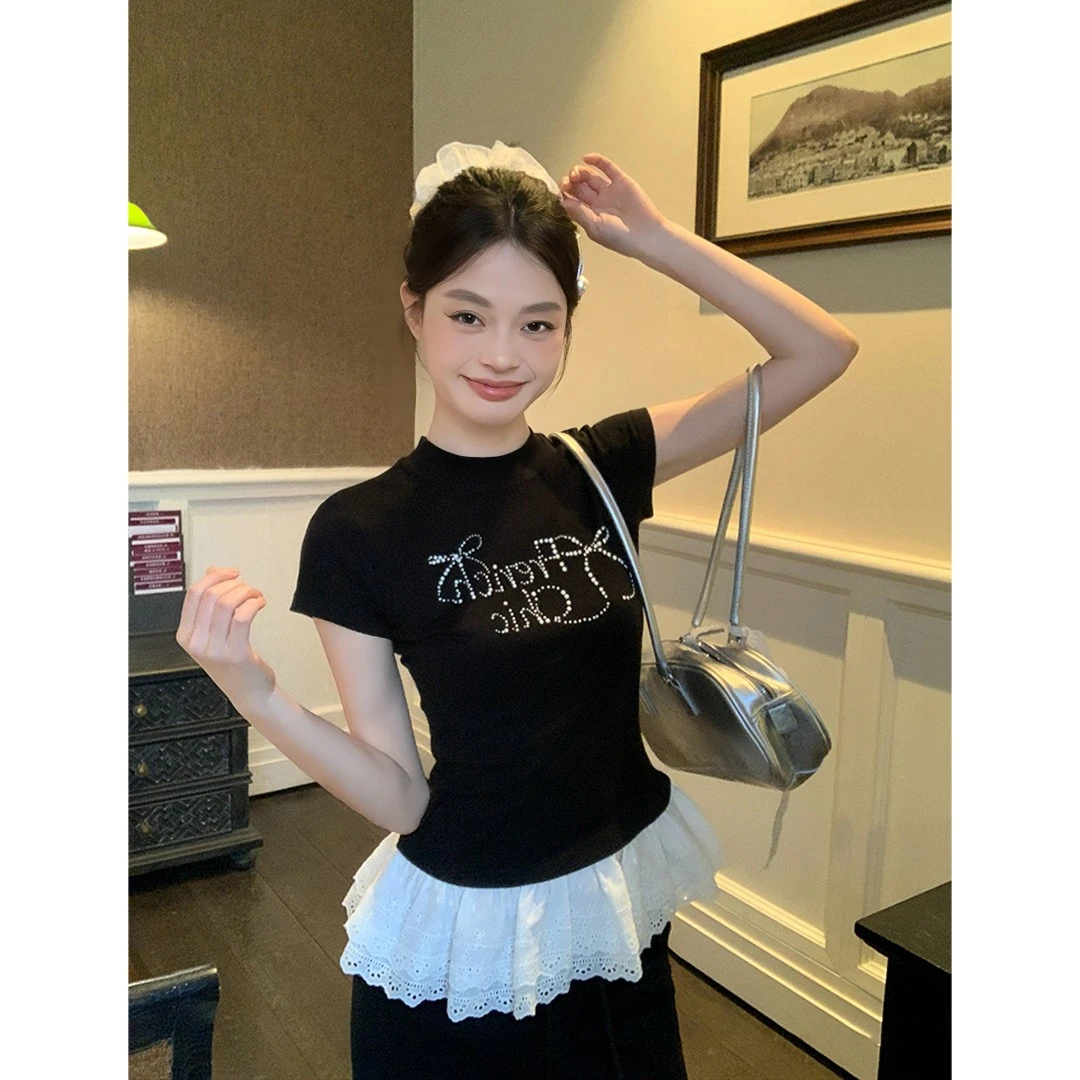 潮牌百搭休闲短袖夏季新款字母烫珠情侣t恤时尚修身显瘦上衣