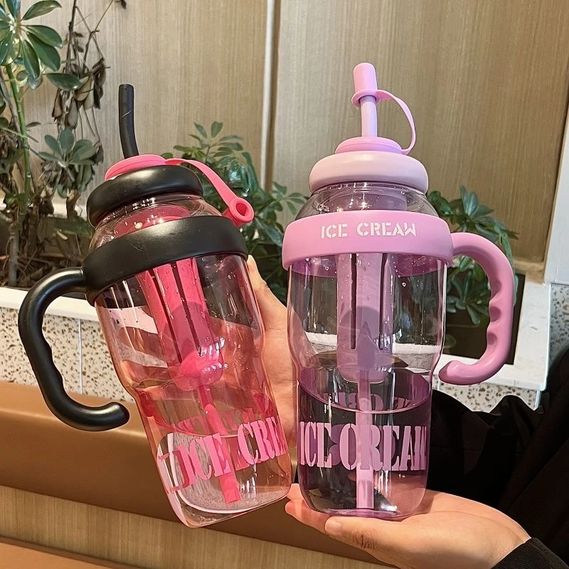 夏季高颜值女生巨无霸水杯吸管大容量新款塑料把手水壶少女风