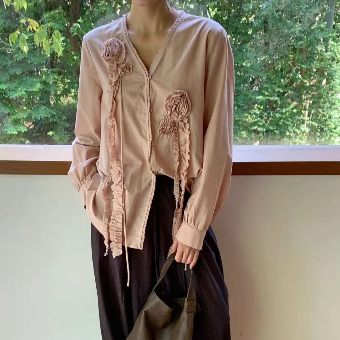 深圳南油法式花朵长袖衬衫女春秋高级感显瘦衬衣