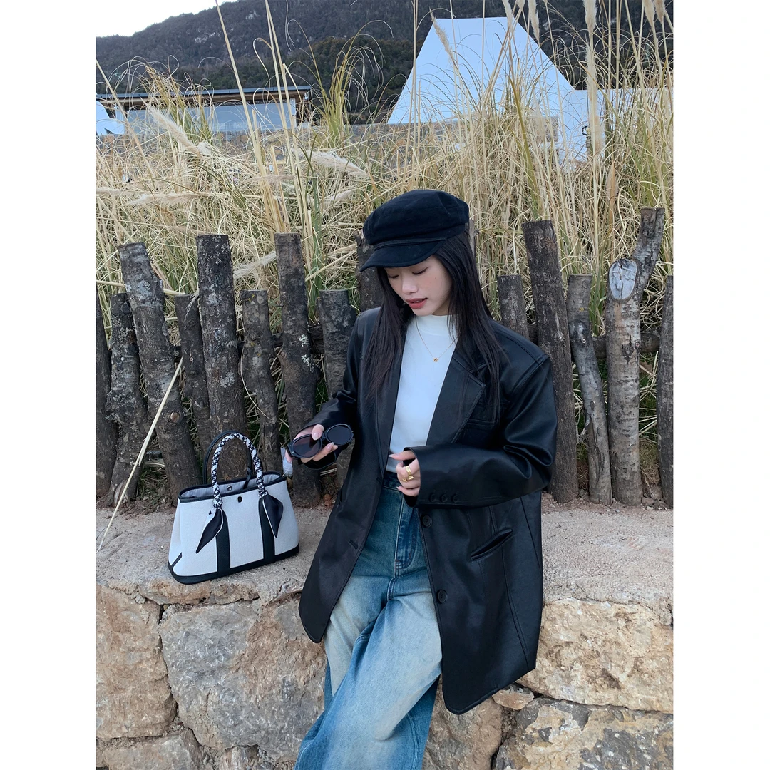 pusumede分割造型复古皮衣西装外套女高级感廓形上衣PSW22365-D