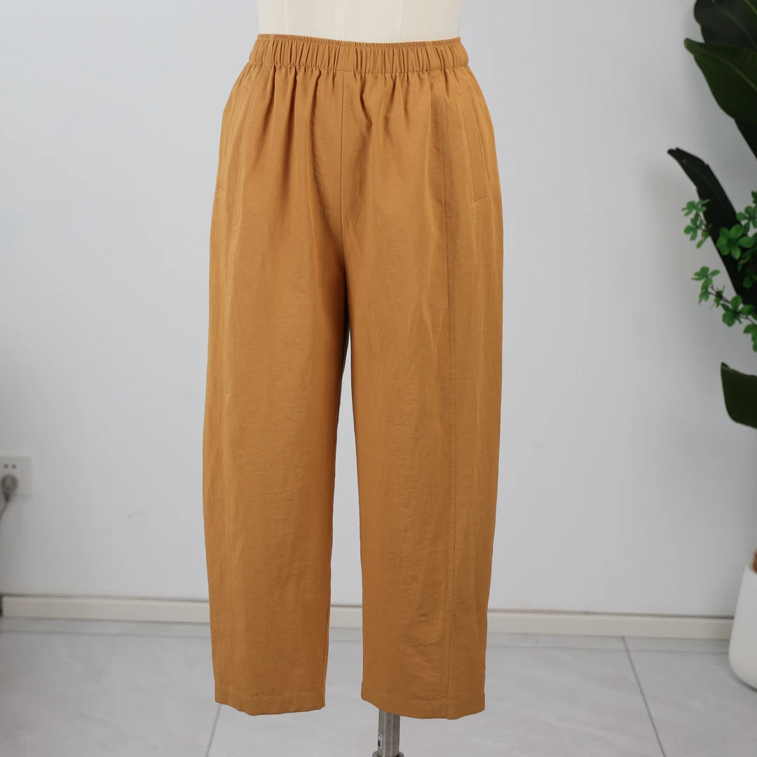 格范夏季高腰松紧腰宽松琥珀橘中腰女装休闲裤休闲风薄款