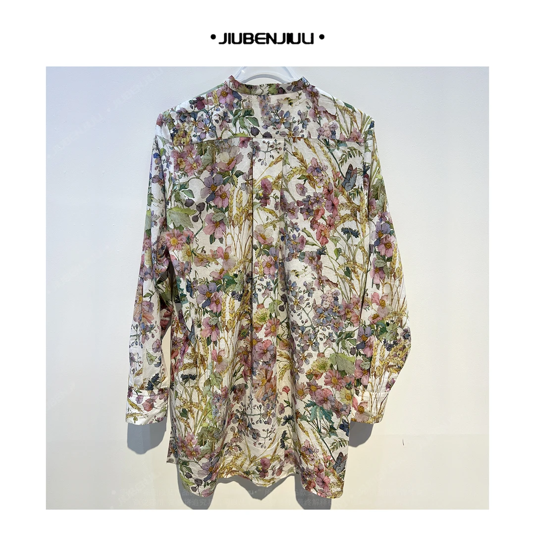 法式油画感前长后短中长款薄款长袖印花衬衫【20793】