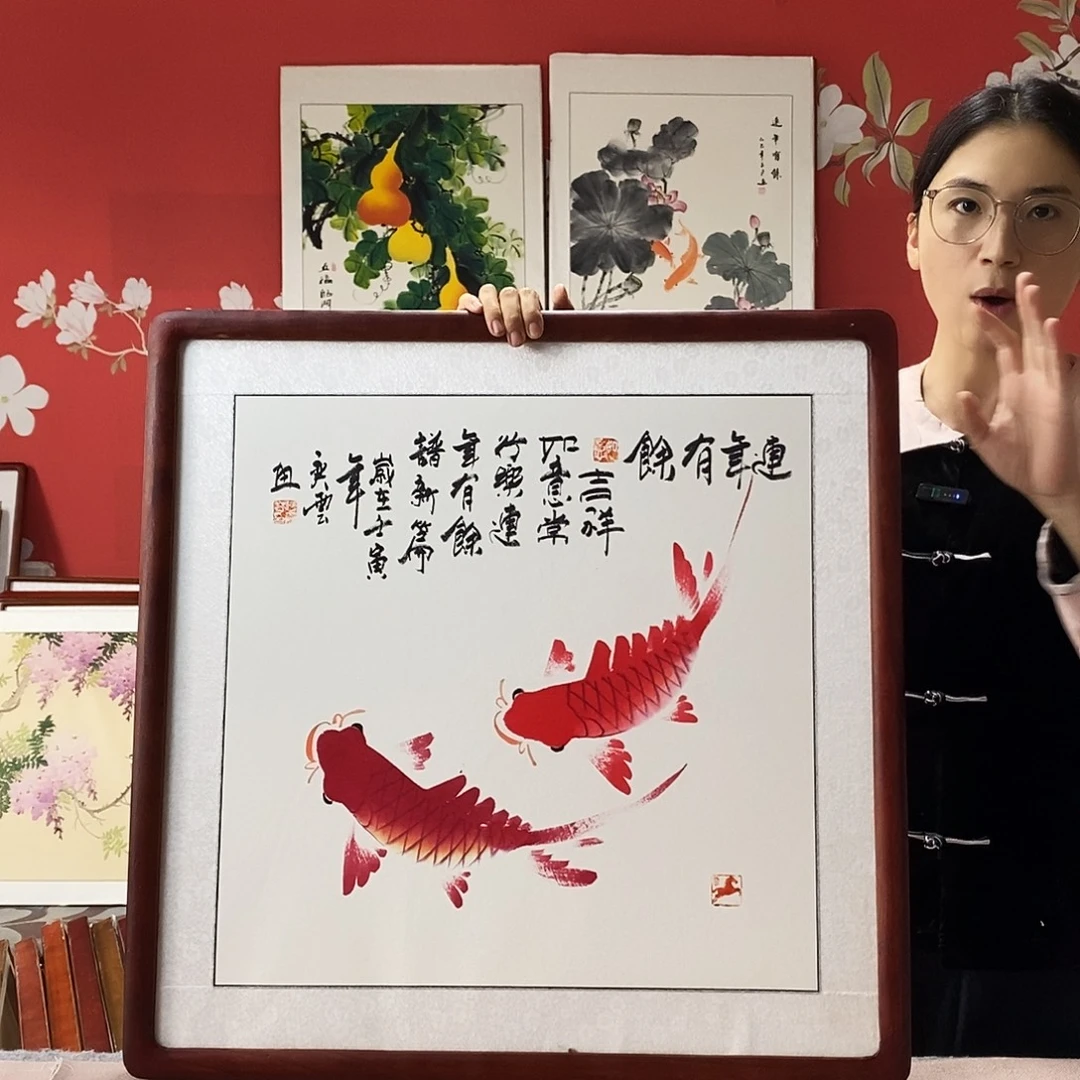 国画手写手绘国画作品带框包邮62✖️62