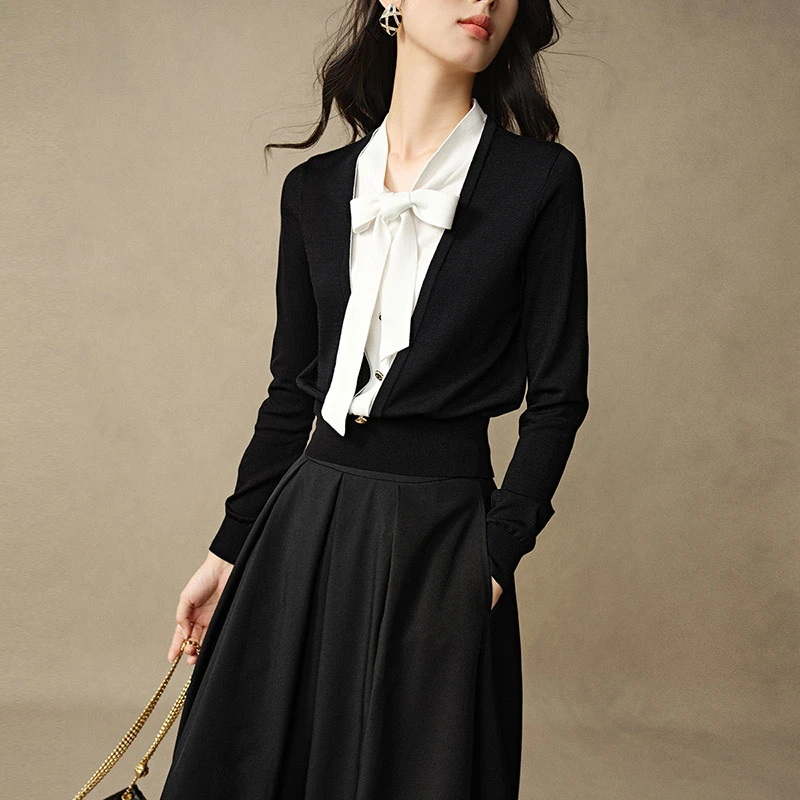 晚白2025春季新款休闲毛衣气质假两件系带蝴蝶结针织衫女24102951