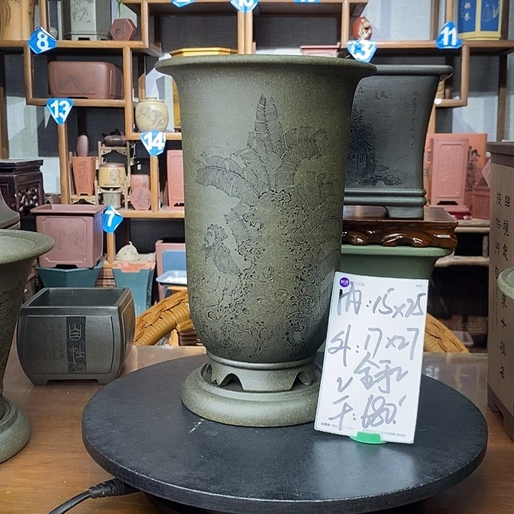 紫砂花盆天青泥全手工金钟680