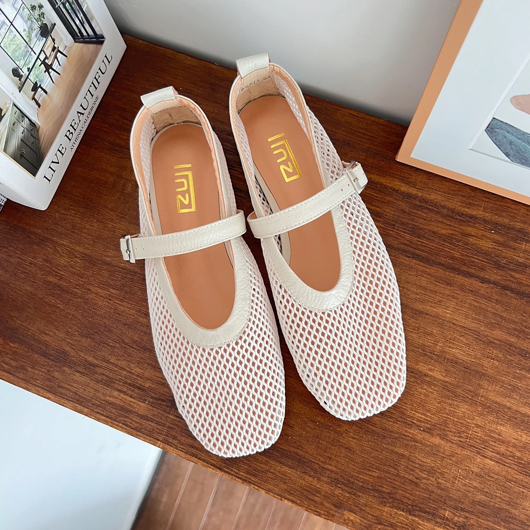 牛皮版真皮镂空网面单鞋女夏季带方头平底浅口玛丽珍编织渔网鞋