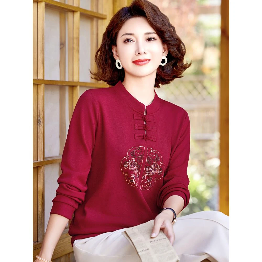 雅鹿优选新中式妈妈秋装打底衫新款红色内搭中老年女装针织衫本命