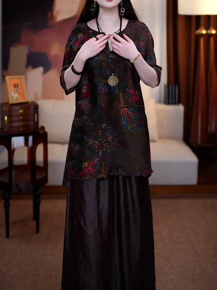 高级感贵夫人裤套装女2025夏季新款文艺风印花V领洋气衬衫+阔腿裤