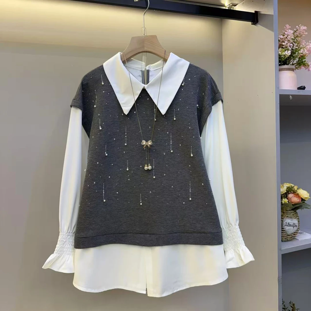 2025大码衬衫薄款钉珠秋季长袖假两件高品质女人衫