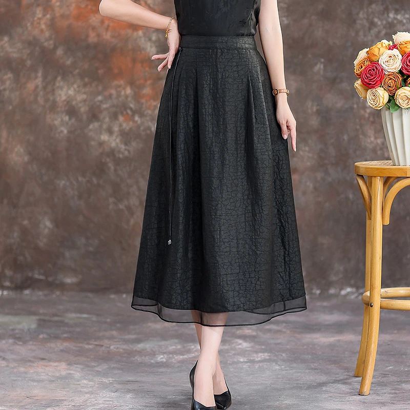 齐黛新中式香云纱半身裙女2025新款专柜正品高腰拼接真丝A字裙子