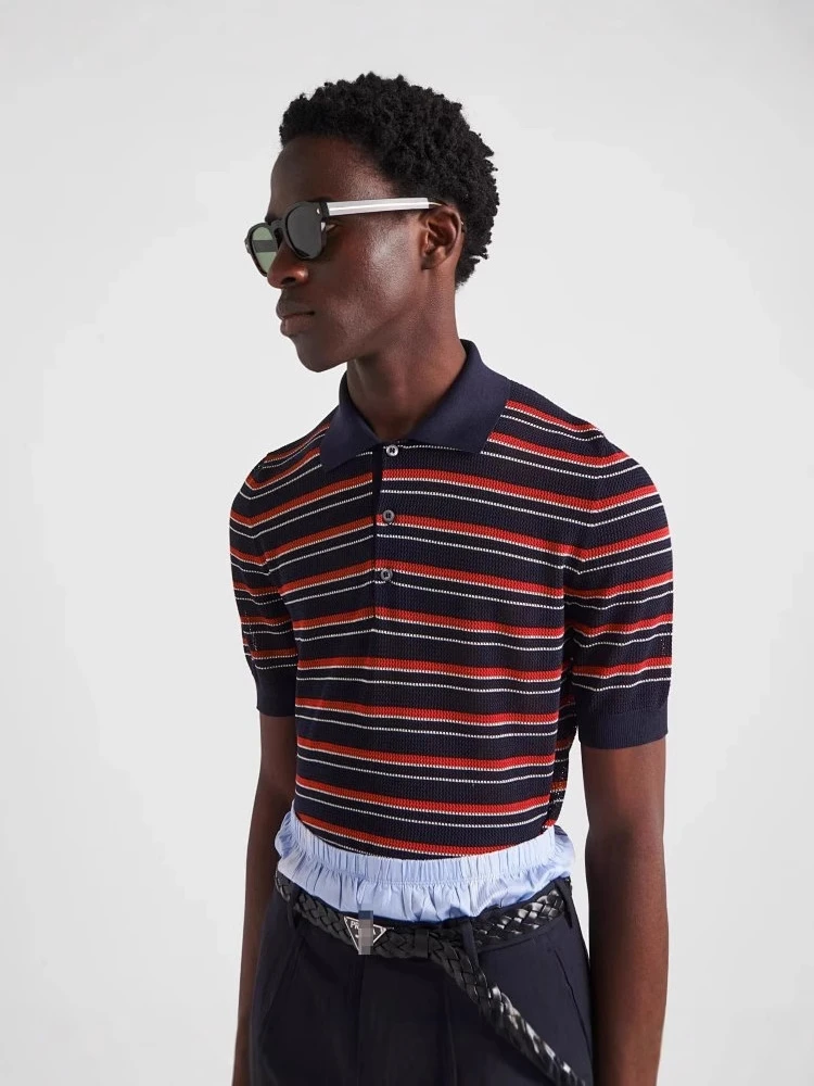 LuxeNova25新款Pr男士条纹翻领短袖毛织POLO衫T恤60支纯棉上衣