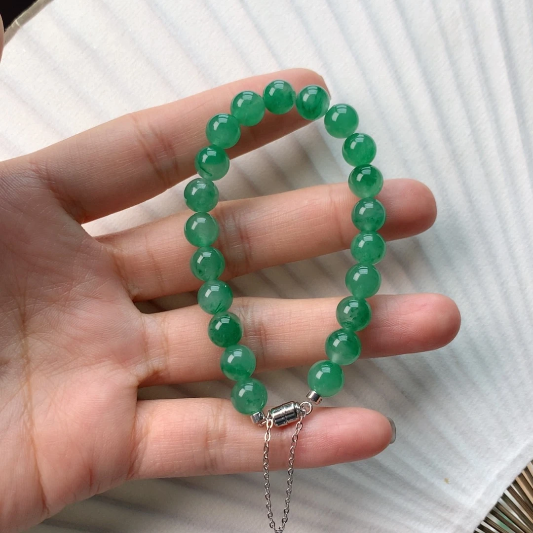 石英质玉冰飘花精品手链银S925镀金镶嵌