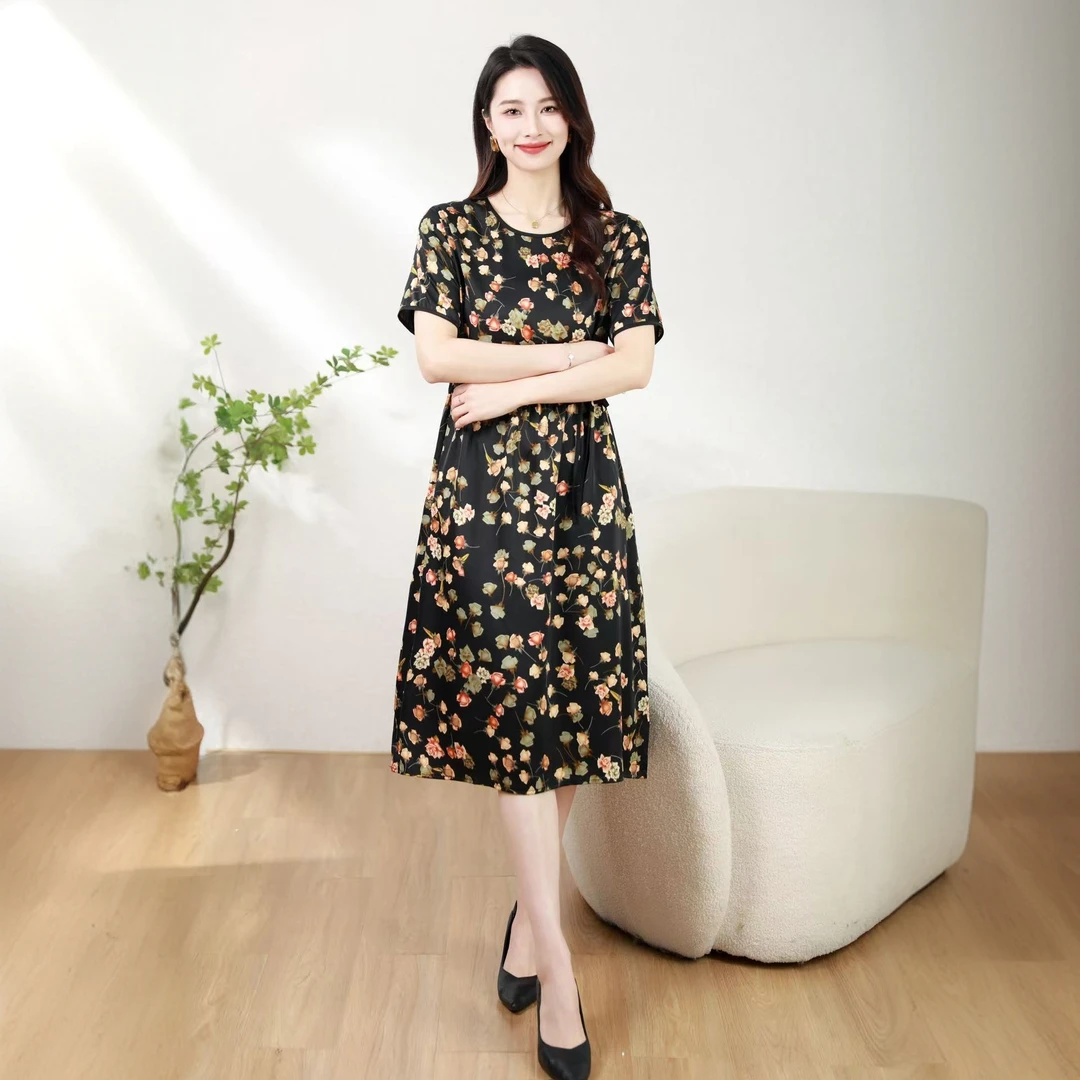 透气气质优雅印花中长裙