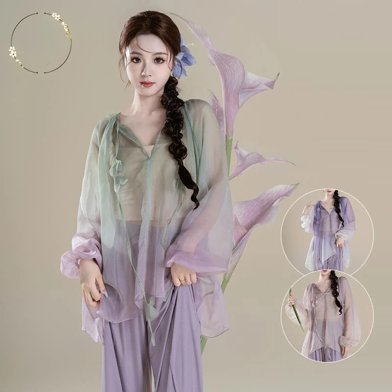 舞中曲古典舞舞蹈服飘逸渐变身韵纱衣中国舞练功服宽松训练上衣