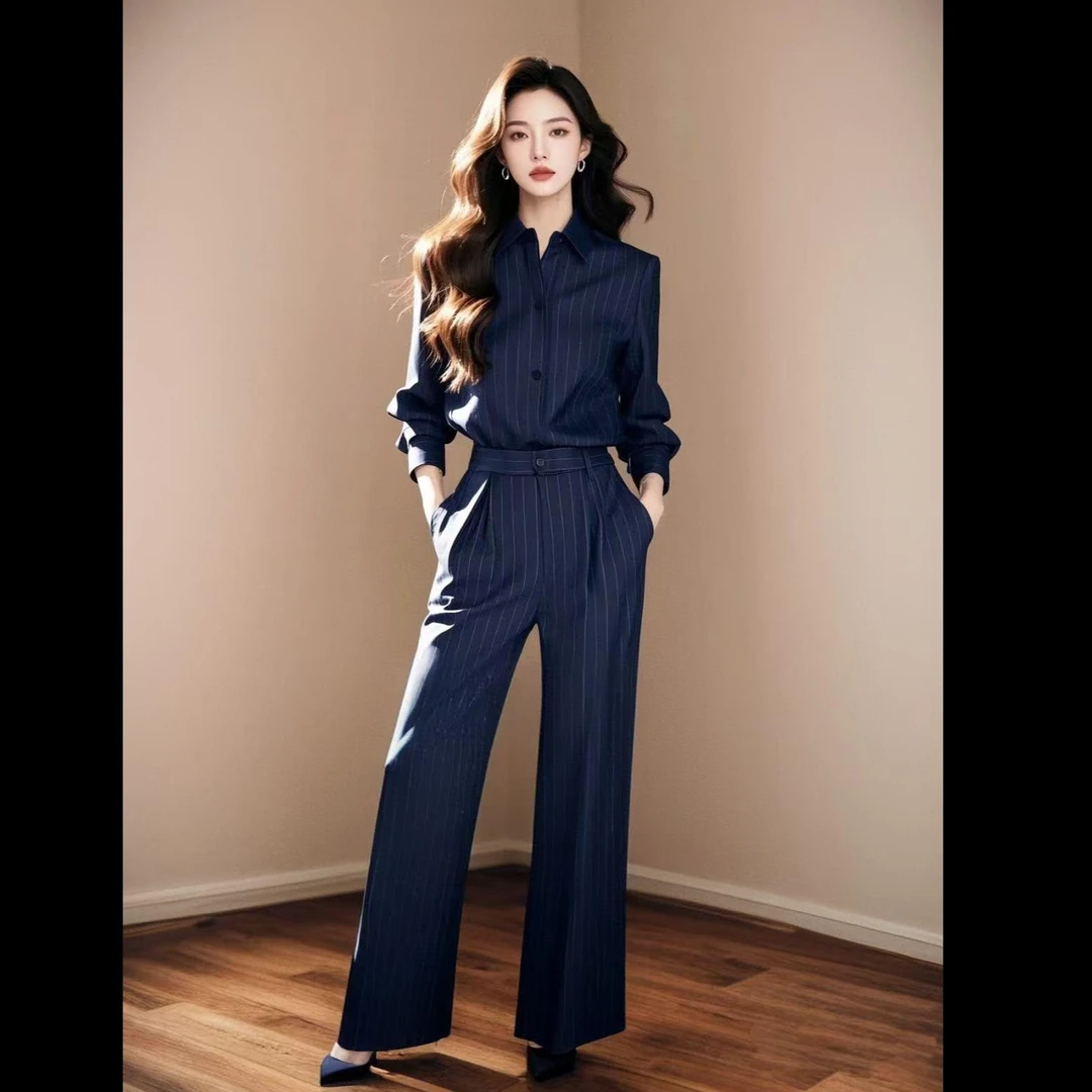 深蓝条纹衬衫女设计感小众轻熟气质竖条纹长袖职业春季搭配裤套装