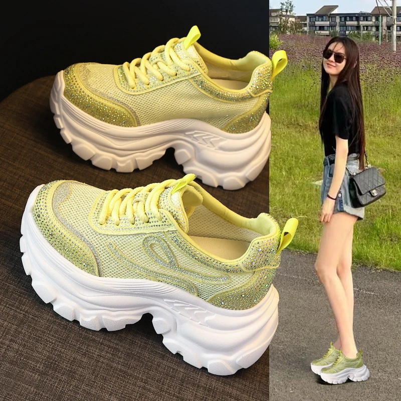 满钻时尚百搭系带老爹鞋女2025夏新款网面透气松糕底增高运动鞋