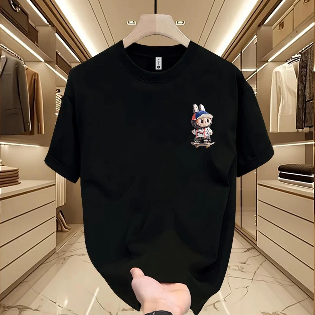 毛绒公仔设计感涂鸦印花T恤夏季薄款宽松黑色纯棉体恤短袖