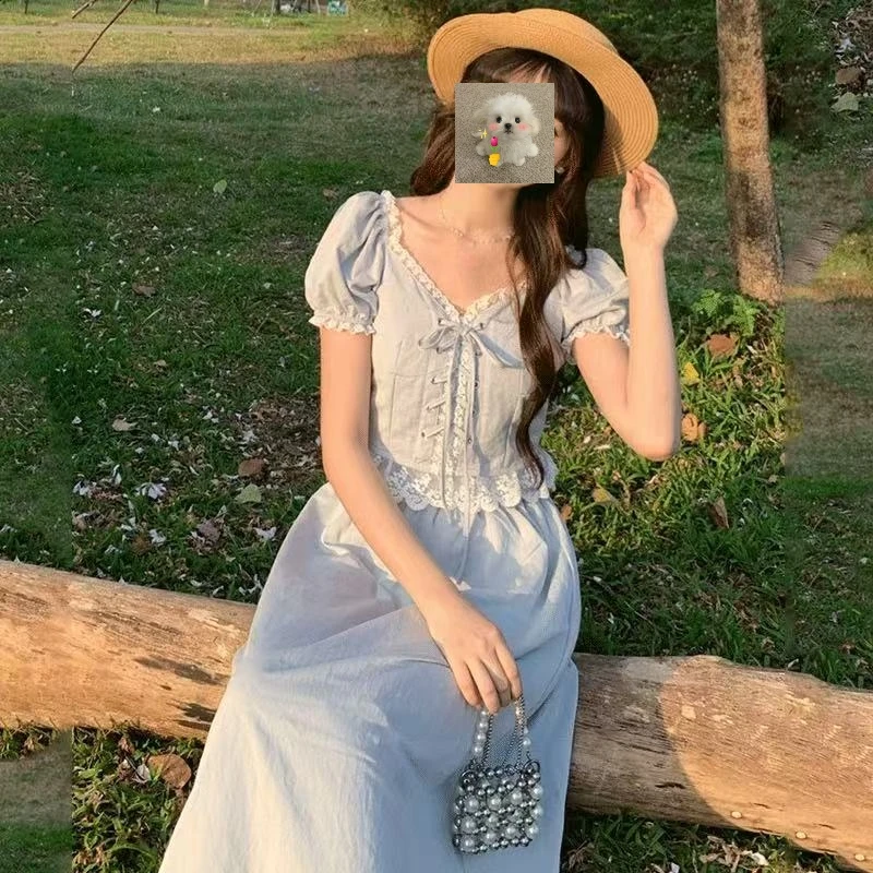 韩系时尚套装女花边蕾丝拼接衬衫高腰半身裙两件套