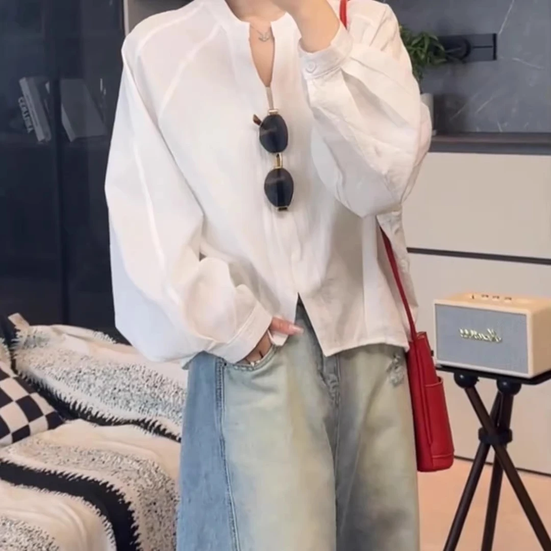 长袖衬衫女2025春季新款欧韩货设计感小众插肩袖宽松百搭网红上衣