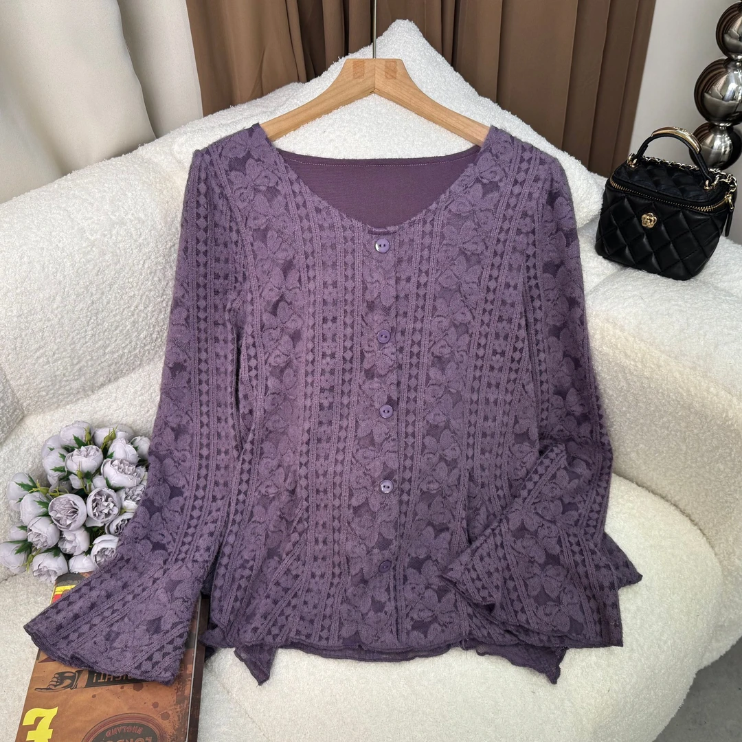 不规则针织打底衫女早秋韩系氛围感穿搭薄款绝美巨好看喇叭袖上衣