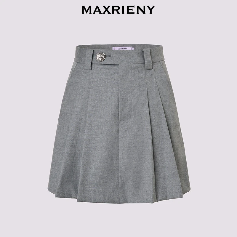 MAXRIENY精致日常风a字撞色百褶裙裤25夏款学院风高知灰色裤裙
