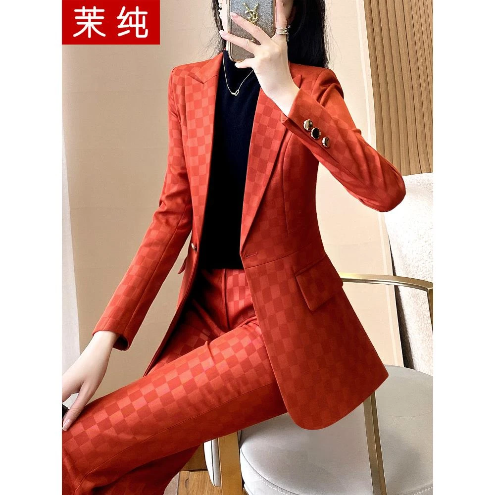 西装外套女2025新款橘色格子超好看高级感炸街小西服洋气职业正装