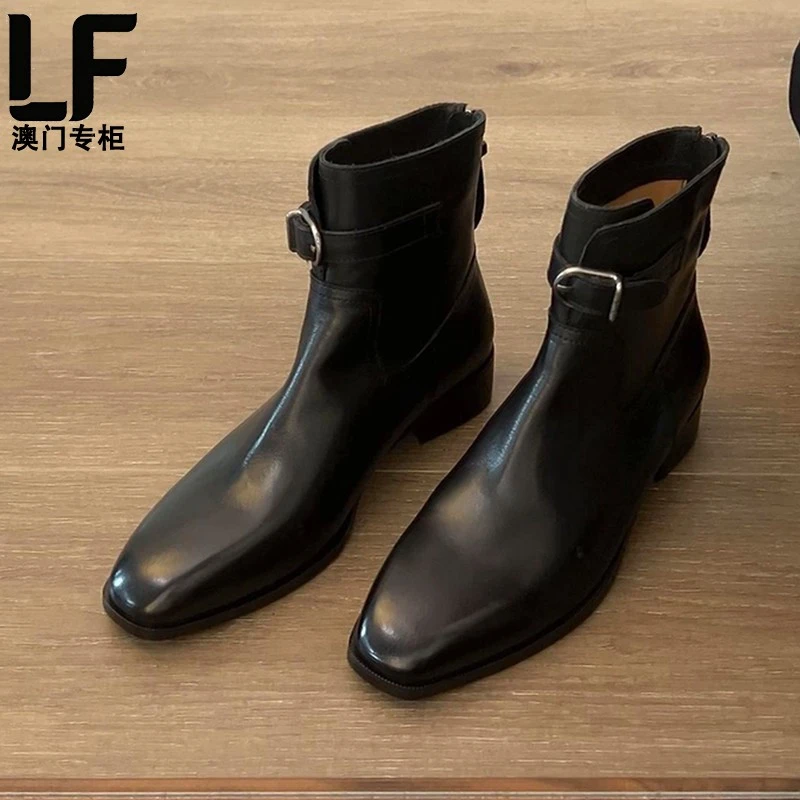 【澳门专柜正品】牛皮版~秋冬新款英伦风皮带扣粗跟百搭显瘦后拉