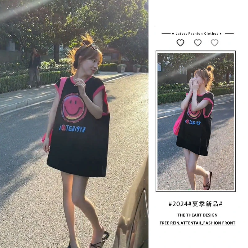 休闲宽松懒人无袖t恤裙女夏季撞色中长款遮屁股字母印花显瘦上衣